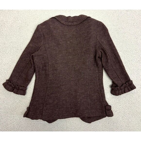 Susan Bristol Wool Cardigan Sweater Brown Open Ruffled Collar Hem Pockets - Picture 2 of 8